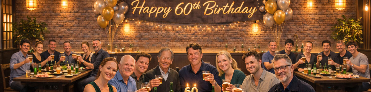 A group celebrating Andrew's 60th birthday at a Korean BBQ restaurant